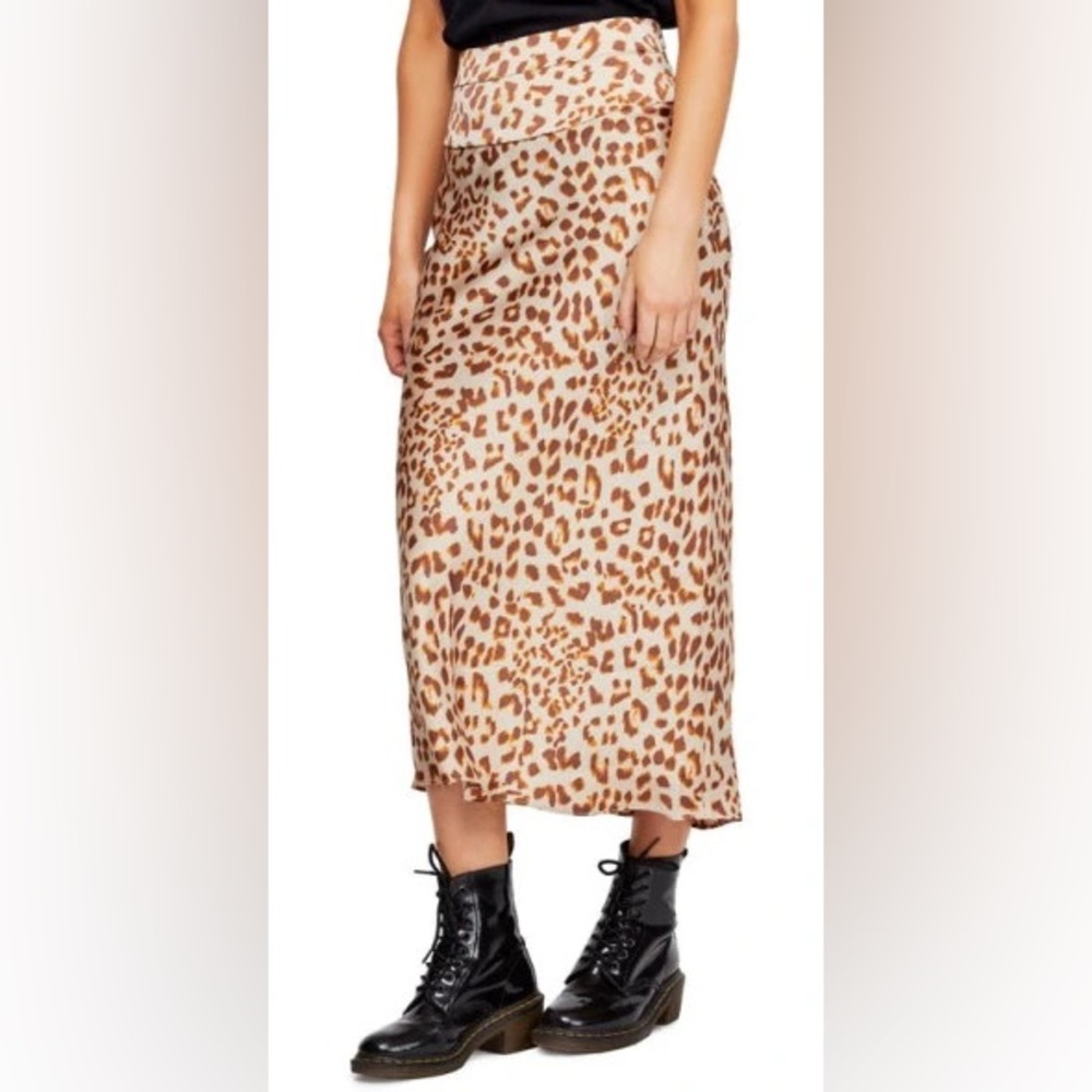 Free People Normani Leopard Print Bias Cut Midi Skirt in Camel Combo